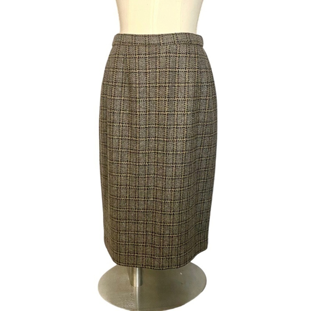 Pendleton Grey Wool Plaid Tan Black Grid Knee Length Midi Skirt size 12